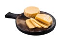 Halloumi sliced cheese on kitchen table. Isolated on white background. Royalty Free Stock Photo