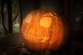 Hallowe`en pumpkin carved in Day of the Dead style Royalty Free Stock Photo