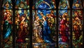 Stained glass window in a church with classical religious scenes
