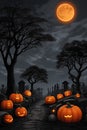 Halloweeen night at cemetery with pumpkins under the moon Royalty Free Stock Photo