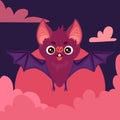 Bat in the night sky against the background of the moon and clouds. Cute cartoon character.