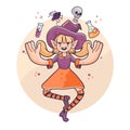 Halloween magician witch floating spider, skull and potions cute illustration Royalty Free Stock Photo