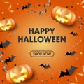 Halloween Square Poster, Flyer, Banner for Social Media or Web. Orange Background. Royalty Free Stock Photo