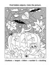 Halloween activity. Find hidden objects picture puzzle and coloring page. Pumpkin at the field in night. Royalty Free Stock Photo