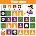 Halloween activity. Maze game. Labyrinth with navigation. Help girl find sweets