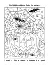 Halloween activity sheet. Find hidden objects picture puzzle and coloring page. Pumpkin at the field in night. Royalty Free Stock Photo