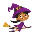 Halloween African-American flying little witch. Girl kid in halloween costume flying over the moon. Retro vintage