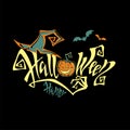 Halloween. All saints ` day card. Magical magic lettering. Funny cartoon pumpkin. Witch hat. Bat. Vector.