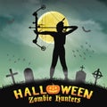 Halloween archer zombie hunter in night graveyard