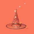 Halloween arrangement witch hat with golden glitter prints, broomsticks levitating around it. Minimal terracotta background