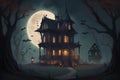 Eerie Moonlit Haunted Houses with full moon : Unveiling Halloween\'s Mystery