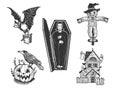 Halloween attributes set line art sketch vector