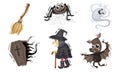 Halloween Attributes and Symbols with Witch and Flying Ghost Vector Set Royalty Free Stock Photo