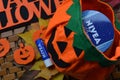 Halloween autumn decorations and nivea products on a wood background