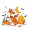 Halloween autumn dragon with pumpkins, lantern and bat isolated on white background. The symbol of the year. Vector illustration Royalty Free Stock Photo