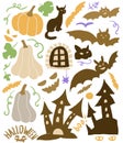 Halloween autumn holiday set coloring drawn by hand separately on a white background elements orange and purple colors magi