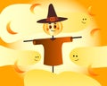 Halloween autumn illustration, scarecrow - pumpkin in hat and shirt and flying ghosts, design for home decoration