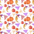 Halloween autumn watercolor pumpkin seamless pattern on white background. Royalty Free Stock Photo