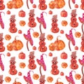 Halloween autumn watercolor pumpkin seamless pattern on white background.