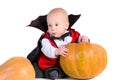 Halloween baby boy in dracula cloak with pumpking Royalty Free Stock Photo