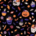 Halloween baby buckets with sweets seamless pattern. Vector illustration of candy in a simple hand-drawn style. The Royalty Free Stock Photo