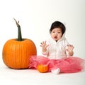 Halloween baby girl with pumpkins