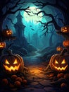 Halloween backdrop is bright, colorful with carved laughing glowing pumpkins