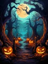 Halloween backdrop is bright, colorful with carved laughing glowing pumpkins