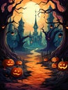 Halloween backdrop is bright, colorful with carved laughing glowing pumpkins