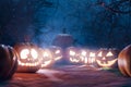 Halloween Backdrop. Halloween Pumpkins In Spooky Forest At Night. Gloomy forests of Jack O\'