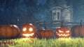 Halloween background animation with the concept of creepy glowing pumpkins and old creepy mansion. 3D Rendering Royalty Free Stock Photo