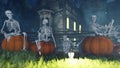 Halloween background animation with the concept of creepy skeletons and old creepy mansion. 3D Rendering Royalty Free Stock Photo