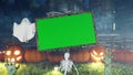 Halloween background animation with green screen banner, with creepy skeleton, hands of the dead, ghost, glowing pumpkin Royalty Free Stock Photo