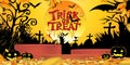 Halloween background in Autumn night,Vector Illustration Studio Room 3D podium, bat, zombie hand on graveyard in scary cemetery Royalty Free Stock Photo