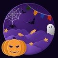 Halloween background. Bats, a Ghost, and a pumpkin head in a dark sky with clouds