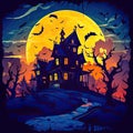 Halloween background with big moon, old house and bats Royalty Free Stock Photo