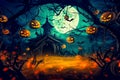 Halloween background with big moon, old house, pumpkins and bats Royalty Free Stock Photo