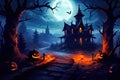 Halloween background with big moon, old house, pumpkins Royalty Free Stock Photo