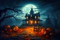 Halloween background with big moon, old house, pumpkins Royalty Free Stock Photo