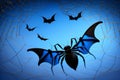 Halloween background with black bats, spider webs on blue background. Horrible background with space to copy your design Royalty Free Stock Photo