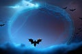 Halloween background with black bats, spider webs on blue background. Horrible background with space to copy your design Royalty Free Stock Photo