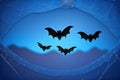 Halloween background with black bats, spider webs on blue background. Horrible background with space to copy your design Royalty Free Stock Photo