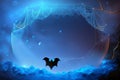 Halloween background with black bats, spider webs on blue background. Horrible background with space to copy your design Royalty Free Stock Photo