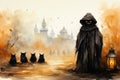 Halloween background with black cat in a black cloak, pumpkins and castle Royalty Free Stock Photo