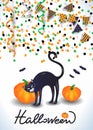 Halloween background with black cat, confetti, streamers