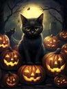Halloween background. Black cat and pumpkins. AI Royalty Free Stock Photo