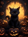 Halloween background. Black cat and pumpkins. AI Royalty Free Stock Photo