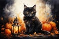 Halloween background with black cat, pumpkins and lantern. Watercolor ilustration Royalty Free Stock Photo