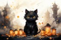 Halloween background with black cat, pumpkins, lanterns and castle Royalty Free Stock Photo