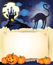 Halloween background with black cat, pumpkins and old paper Royalty Free Stock Photo